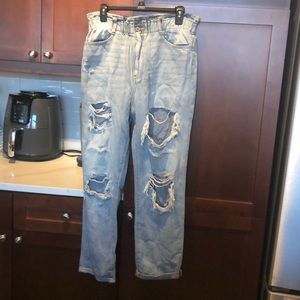 High waisted distressed jeans